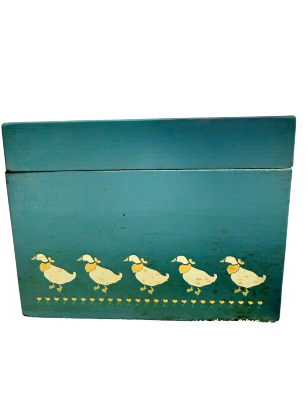 Blue Wooden Recipe Box Geese Pattern Hinged Lid Rectangular 5.25" x  6.75" x 4"
